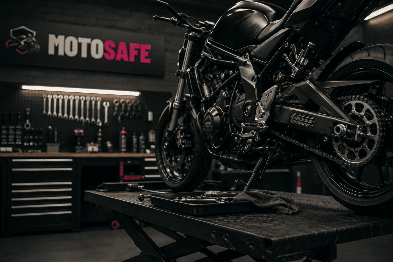 MotoSafe servisna radionica sa motociklom na radnom stolu